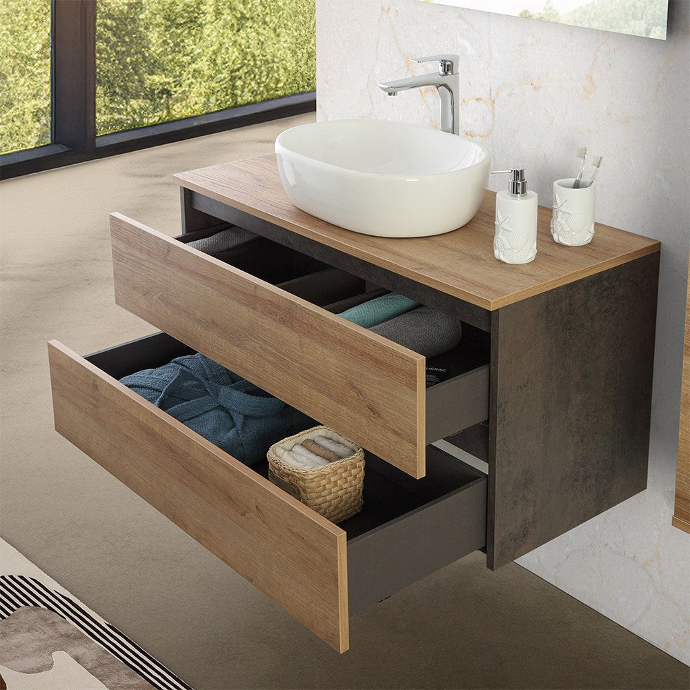 Mobile bagno sospeso 100 cm ossido e rovere con top lavabo e specchio Kleo