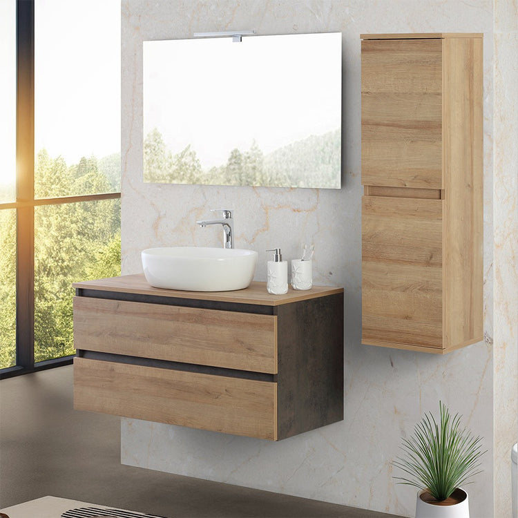 Mobile bagno sospeso 100 cm ossido e rovere con top lavabo e specchio Kleo