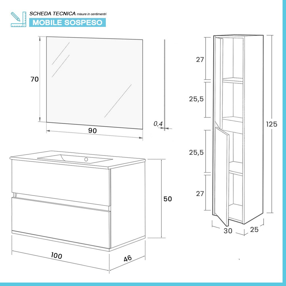 Mobile bagno sospeso 100 cm rovere bianco con pensile H 125 cm Nadia