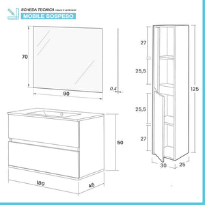 Mobile bagno sospeso 100 cm rovere bianco con pensile H 125 cm Nadia