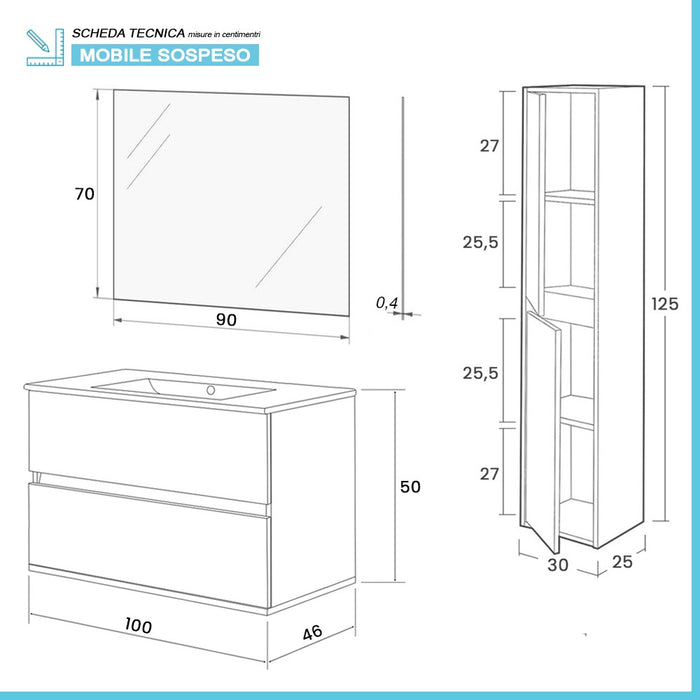 Mobile bagno sospeso 100 cm rovere bianco con pensile H 125 cm Nadia