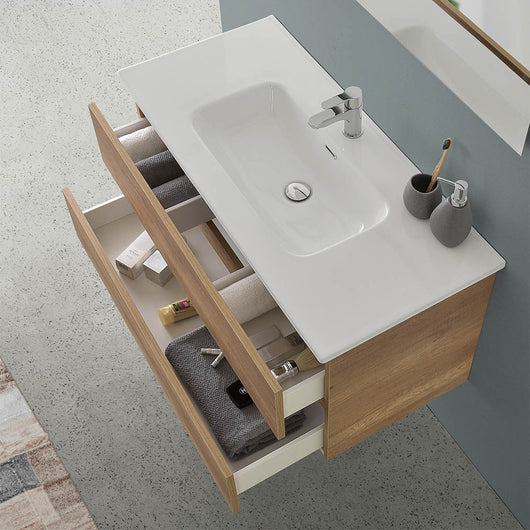 Mobile bagno sospeso 100 cm rovere naturale con pensile H 125 cm Nadia