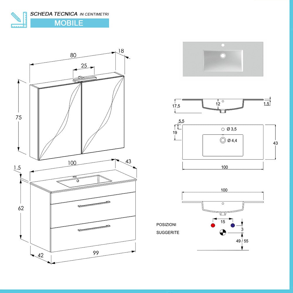 Mobile bagno sospeso 100 cm Smart bianco legno con specchio contenitore