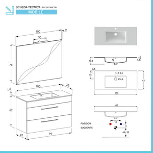 Mobile bagno sospeso 100 cm Smart bianco legno/lava con specchio