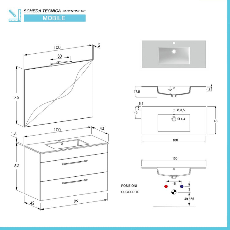 Mobile bagno sospeso 100 cm Smart grigio legno con lavabo e specchio