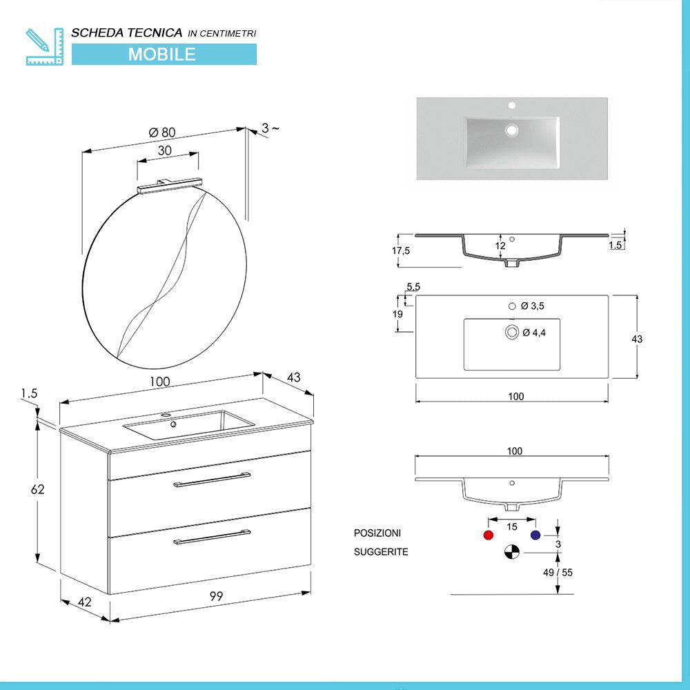 Mobile bagno sospeso 100 cm Smart olmo/lava con specchio