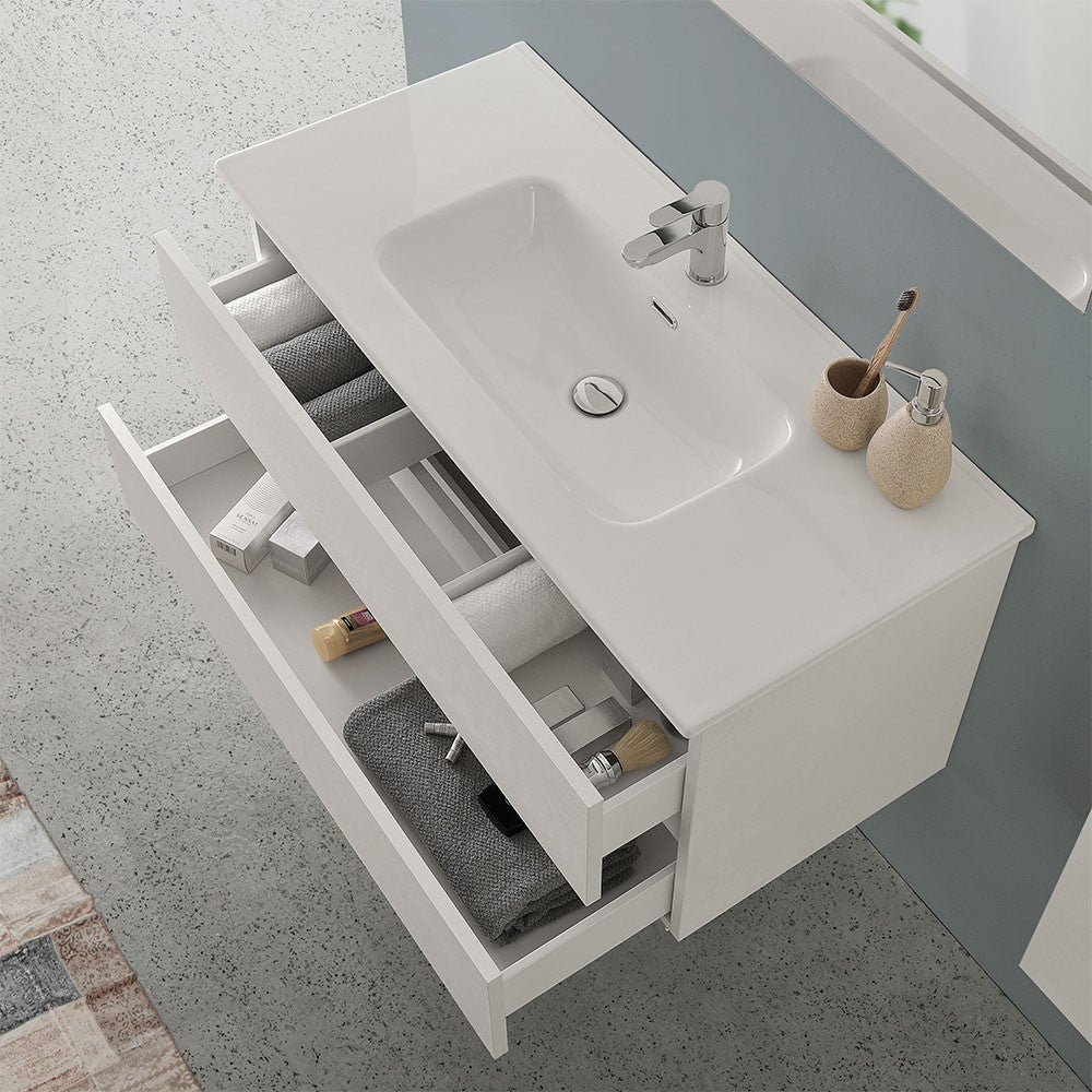 Mobile bagno sospeso 100 rovere bianco completo con 2 cassetti Nadia