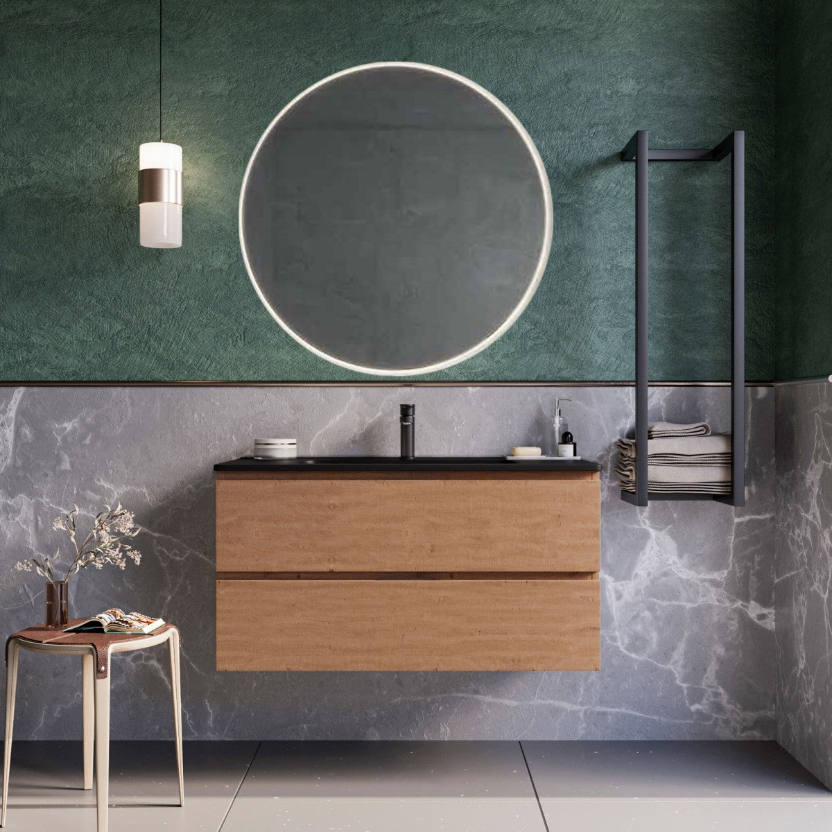 Mobile bagno sospeso 100cm rovere cartagena lavabo nero opaco specchio armony, selezione accessori specchio led