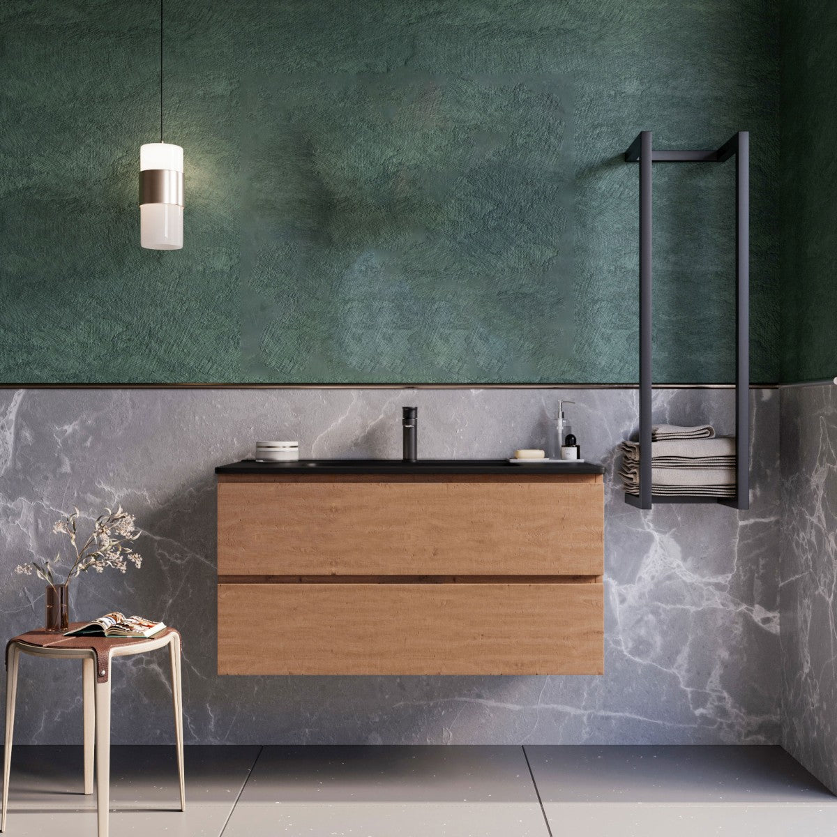 Mobile bagno sospeso 100cm rovere cartagena lavabo nero opaco specchio armony, selezione accessori senza specchio