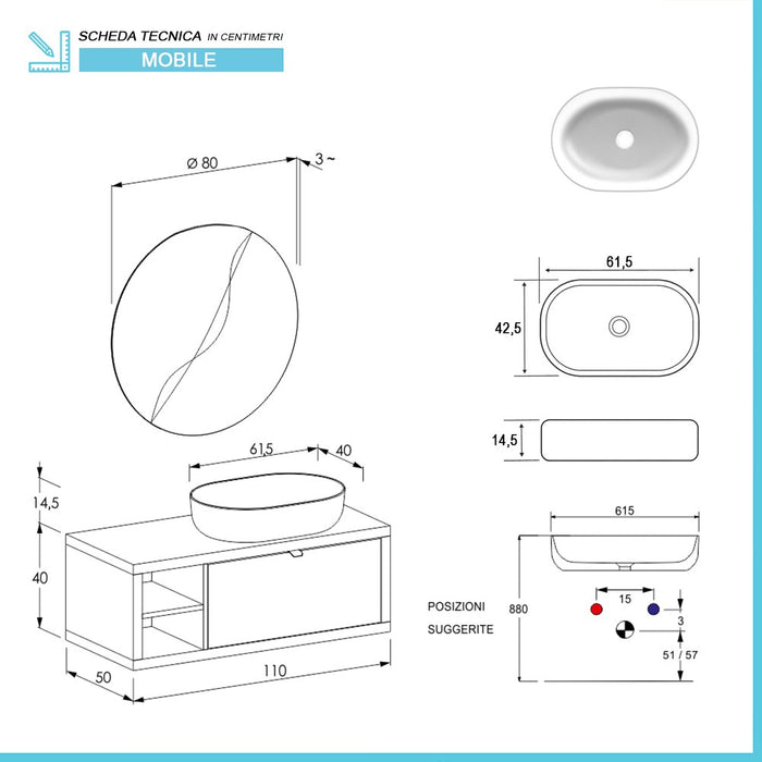 Mobile bagno sospeso 110 cm grigio cemento Master lavabo 42,5 e specchio 80