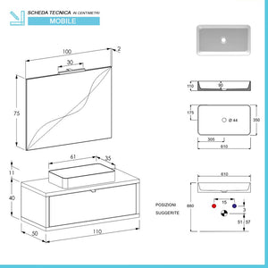 Mobile bagno sospeso 110 cm Master grigio nuvola con lavabo e specchio