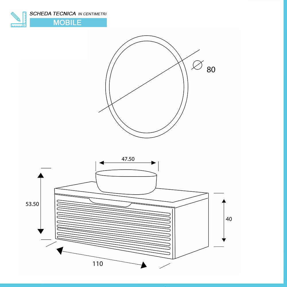 Mobile bagno sospeso 110 cm noce canaletto con lavabo e specchio Ravello