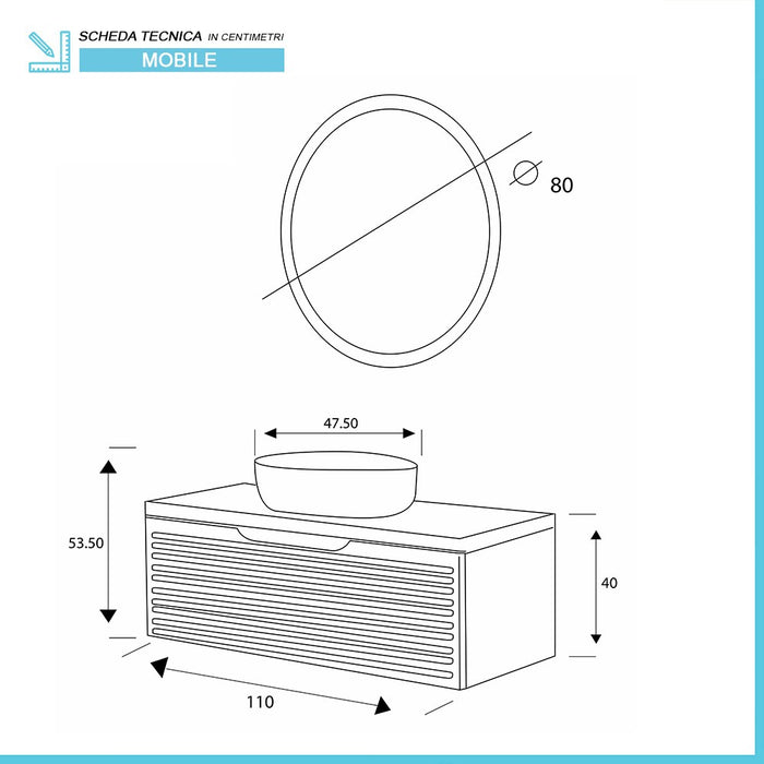 Mobile bagno sospeso 110 cm noce canaletto con lavabo e specchio Ravello