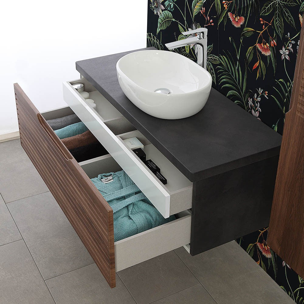 Mobile bagno sospeso 110 cm noce canaletto con lavabo e specchio Ravello