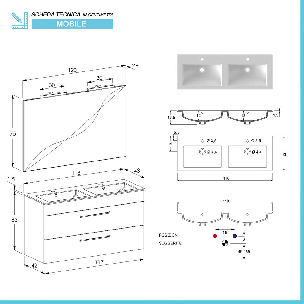 Mobile bagno sospeso 120 cm Smart bianco legno con specchio