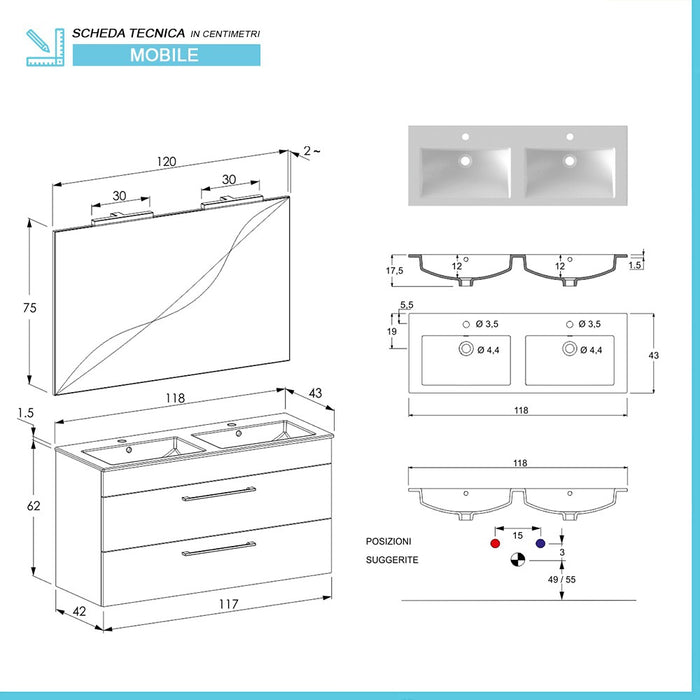 Mobile bagno sospeso 120 cm Smart bianco legno con specchio