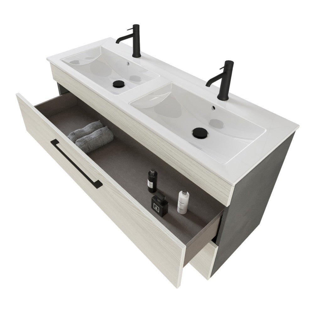 Mobile bagno sospeso 120 cm Smart bianco legno/lava con specchio contenitore