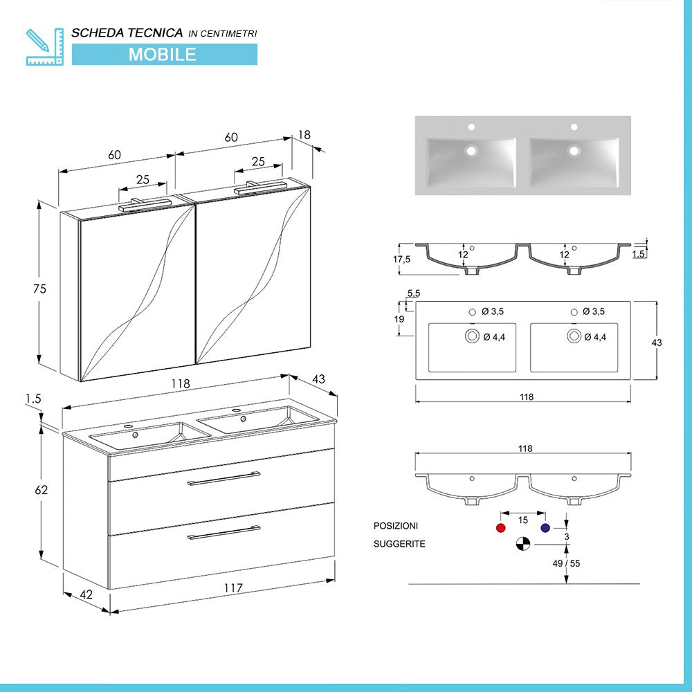 Mobile bagno sospeso 120 cm Smart grigio legno con specchio