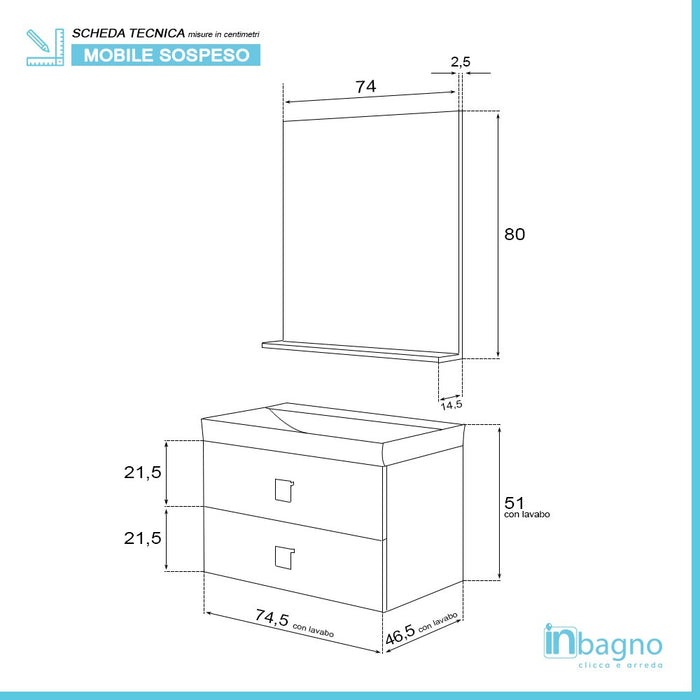 Mobile Sospeso 2 cassetti rovere chiaro 75x51 cm con specchio e mensola