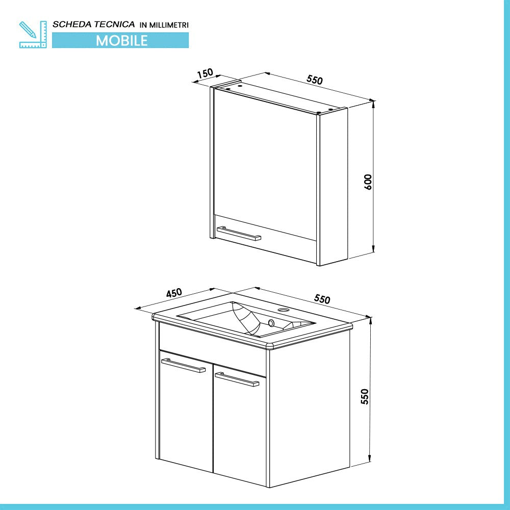 Mobile bagno sospeso 55 cm blu effetto legno con armadietto a specchio Sofia