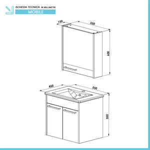 Mobile bagno sospeso 55 cm blu effetto legno con armadietto a specchio Sofia