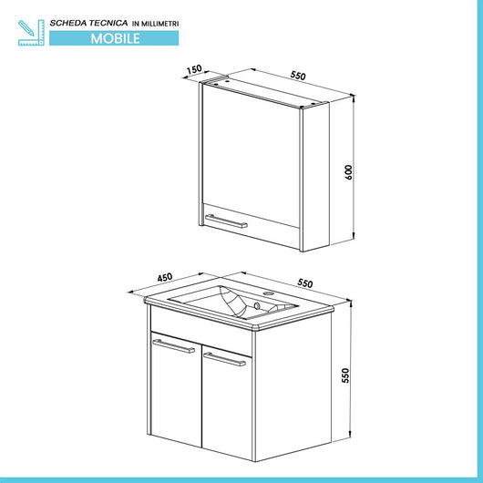 Mobile bagno sospeso 55 cm blu effetto legno con armadietto a specchio Sofia