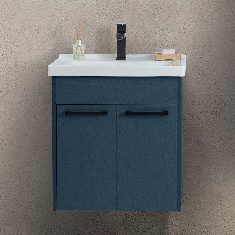 Mobile bagno sospeso 55 cm blu effetto legno con armadietto a specchio Sofia