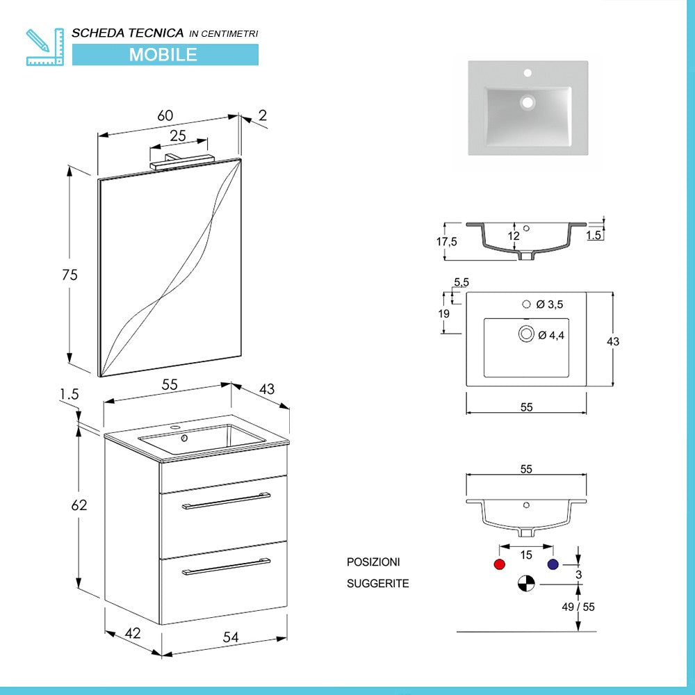 Mobile bagno sospeso 55 cm Smart bianco legno con lavabo e specchio