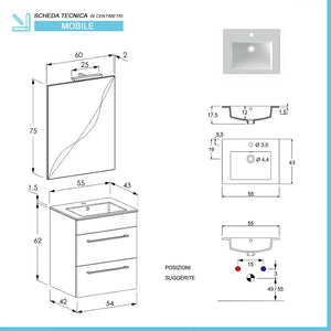 Mobile bagno sospeso 55 cm Smart bianco legno con lavabo e specchio