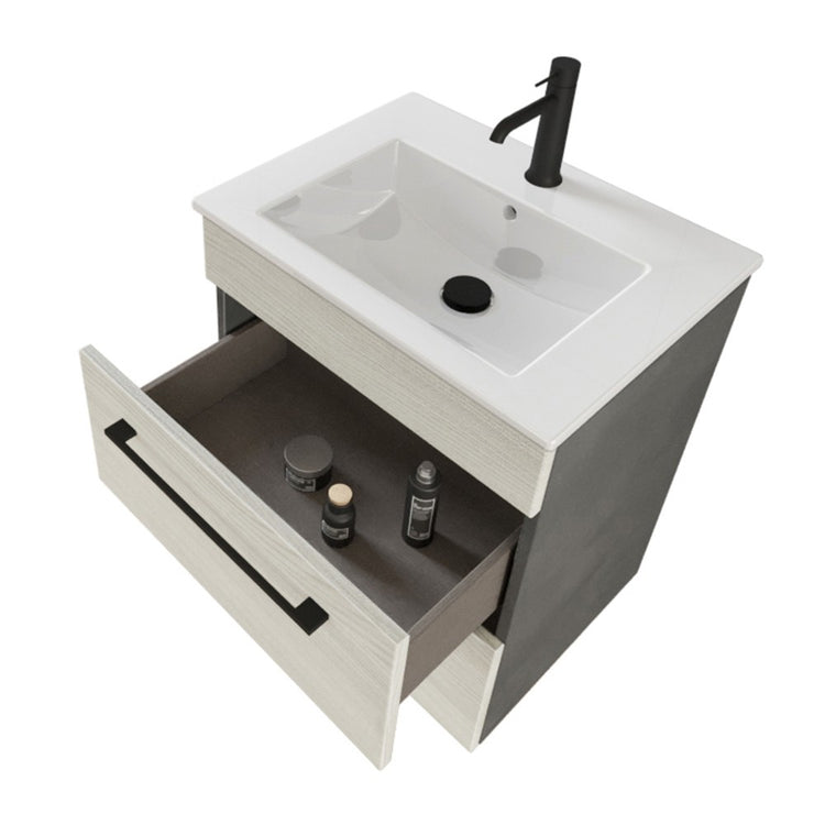 Mobile bagno sospeso 55 cm Smart bianco legno/lava con lavabo e specchio