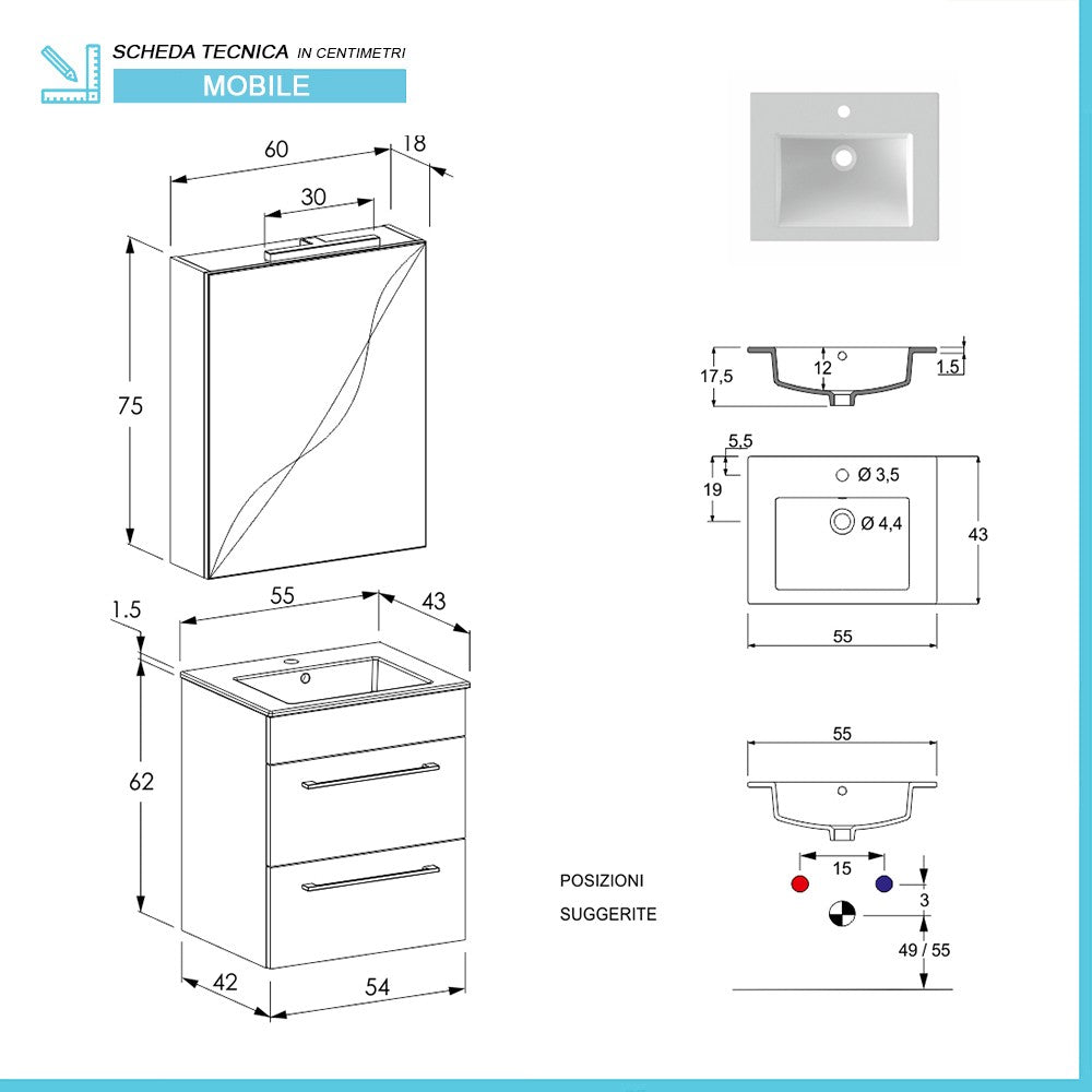 Mobile bagno sospeso 55 cm Smart bianco legno/lava con lavabo e specchio