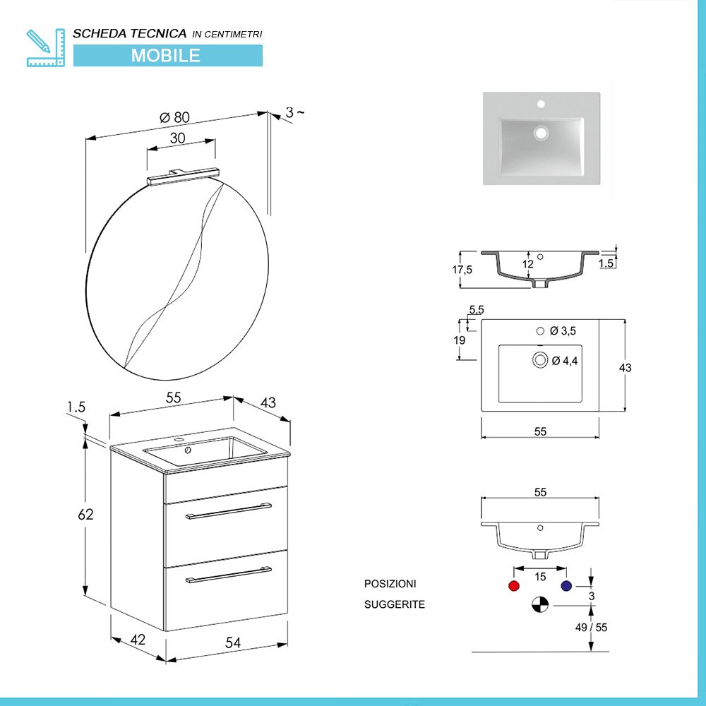 Mobile bagno sospeso 55 cm Smart grigio legno con lavabo e specchio