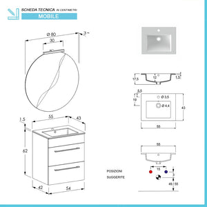 Mobile bagno sospeso 55 cm Smart grigio legno con lavabo e specchio