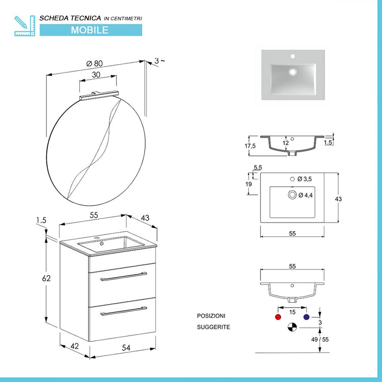 Mobile bagno sospeso 55 cm Smart grigio legno con lavabo e specchio