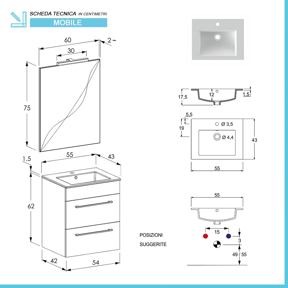 Mobile bagno sospeso 55 cm Smart grigio legno/lava con lavabo e specchio