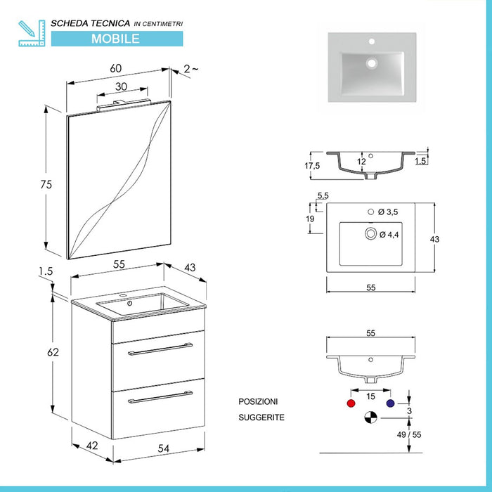 Mobile bagno sospeso 55 cm Smart grigio legno/lava con lavabo e specchio