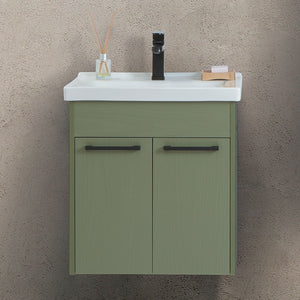 Mobile bagno sospeso 55 cm verde effetto legno con armadietto a specchio Sofia