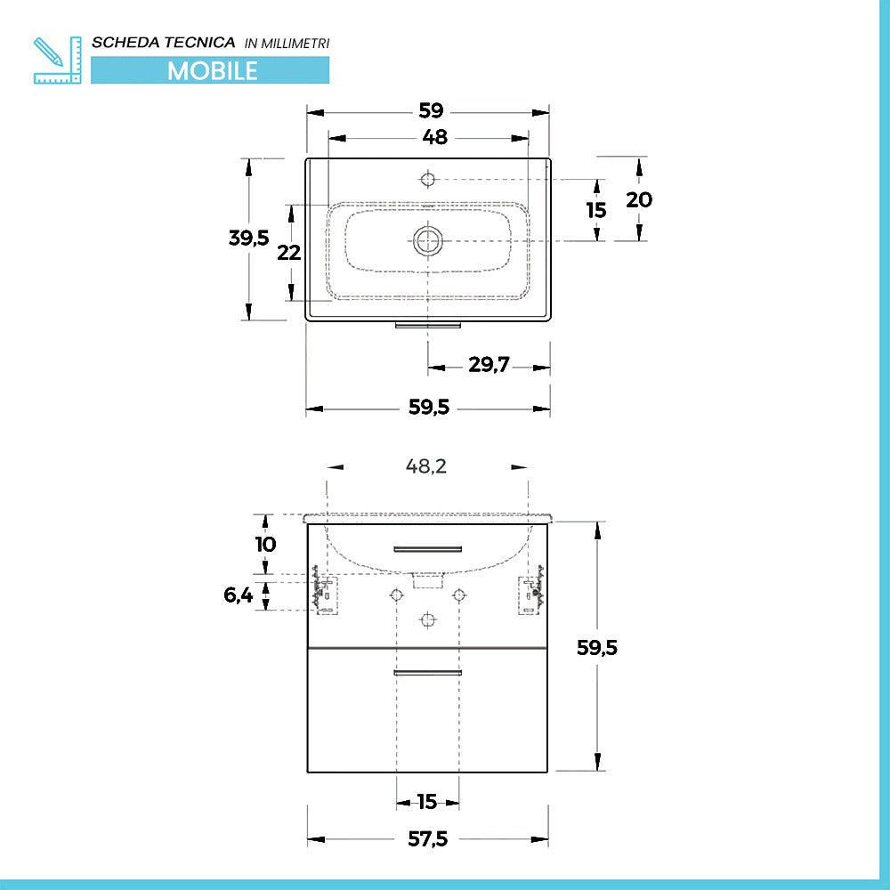 Mobile bagno sospeso 60 antracite lucido con lavabo e specchio Miami