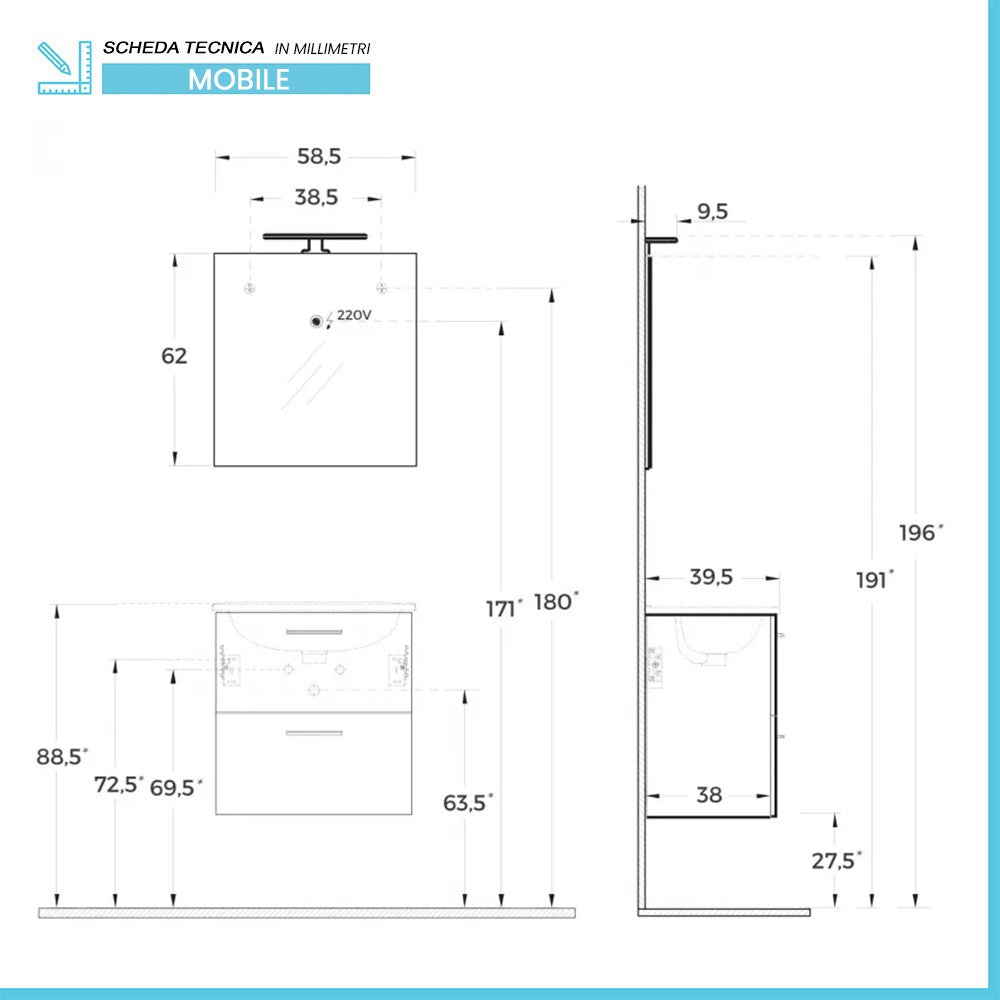 Mobile bagno sospeso 60 antracite lucido con lavabo e specchio Miami