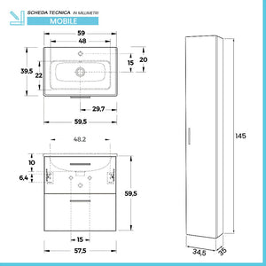 Mobile bagno sospeso 60 antracite con pensile 145 lavabo e specchio Miami