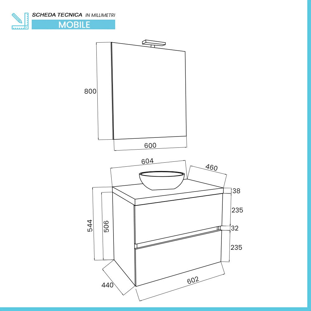 Mobile bagno sospeso 60 bianco top rovere fossile con specchio LED Town