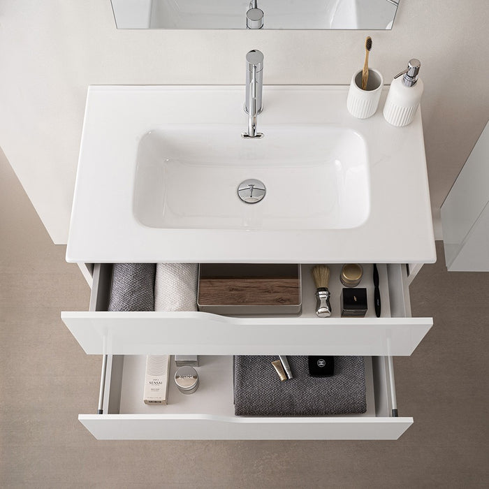 Mobile bagno sospeso 60 cm bianco e quercia con top e specchio Sumya