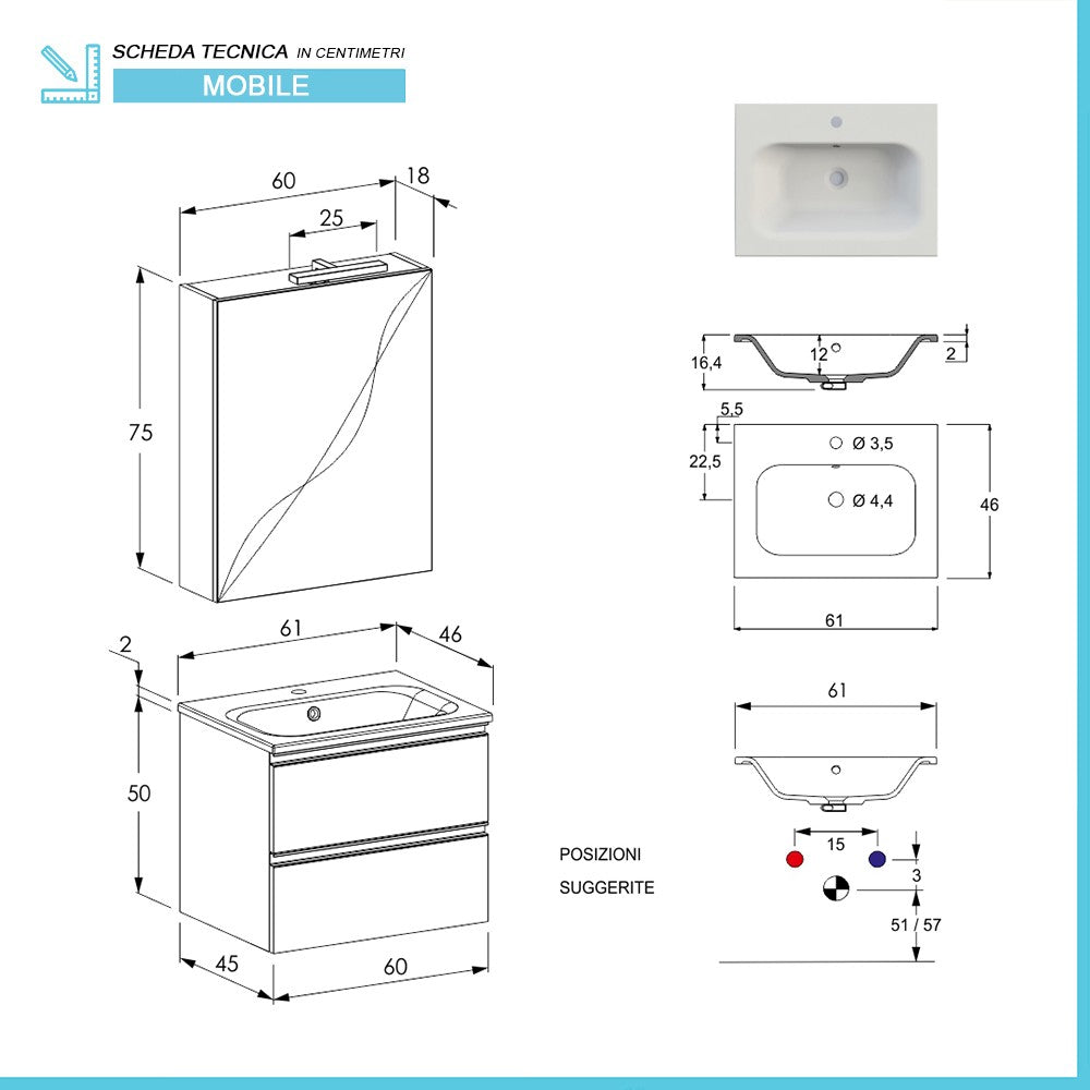 Mobile bagno sospeso 60 cm Master bianco opaco con specchio contenitore