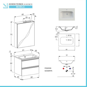 Mobile bagno sospeso 60 cm Master bianco opaco con specchio contenitore