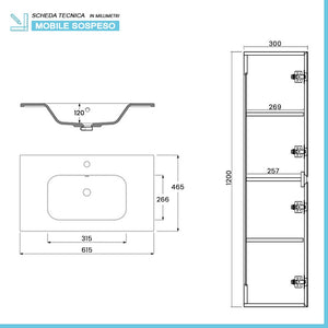 Mobile bagno sospeso 60 cm noce gold con pensile H 120 cm Dafne