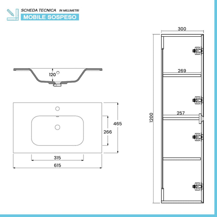 Mobile bagno sospeso 60 cm noce gold con pensile H 120 cm Dafne