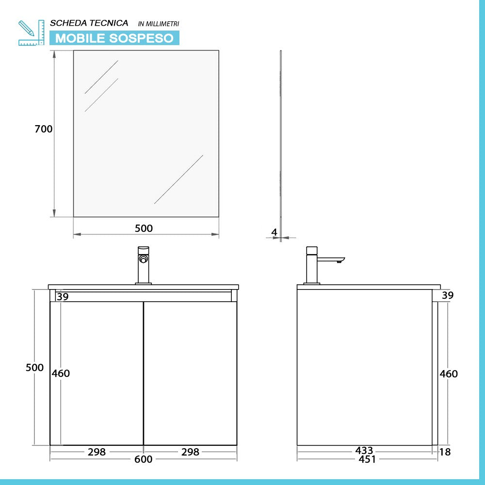 Mobile bagno sospeso 60 cm rovere africa con 2 ante soft-close Kleo