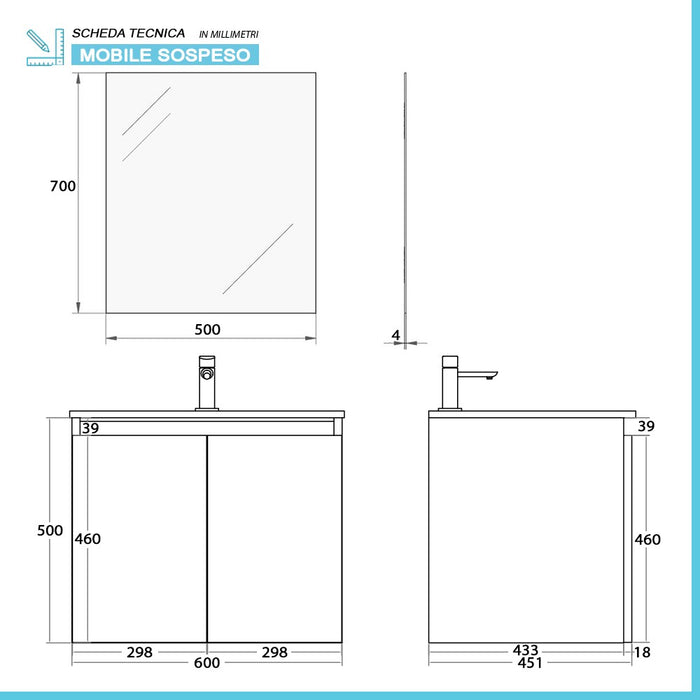 Mobile bagno sospeso 60 cm rovere africa con 2 ante soft-close Kleo