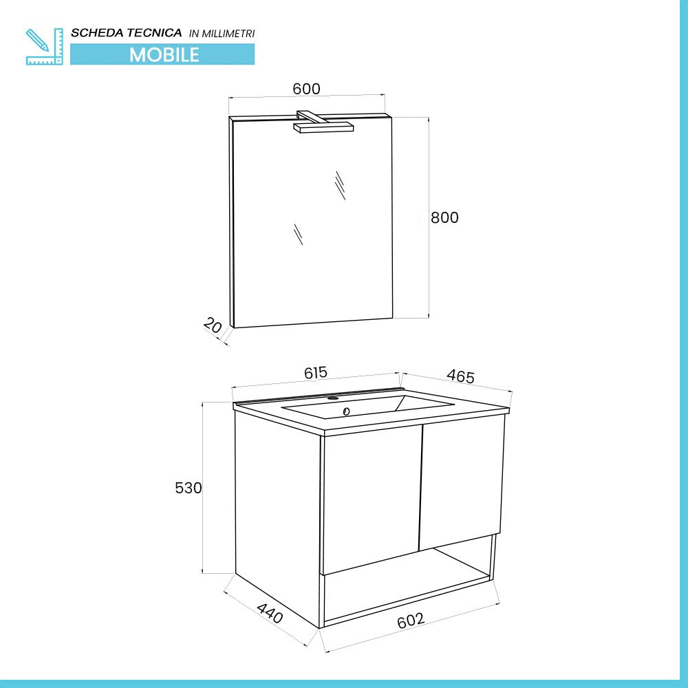 Mobile bagno sospeso 60 rovere bianco con lavabo e specchio LED Oslo