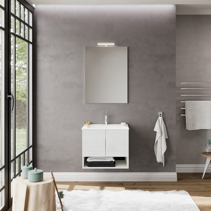 Mobile bagno sospeso 60 rovere bianco con lavabo e specchio LED Oslo